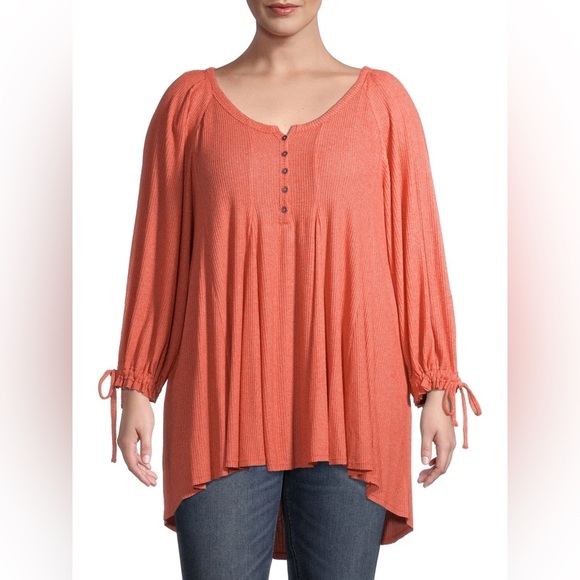 Terra & Sky Plus Size Ribbed Babydoll Henley Top Size 0x Orange Saffron HEATHER - Picture 1 of 8